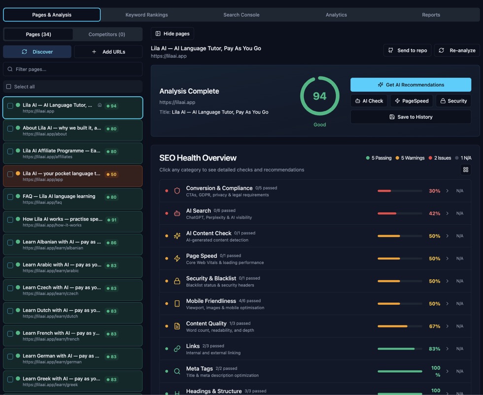 SEO health overview with colour-coded category scores