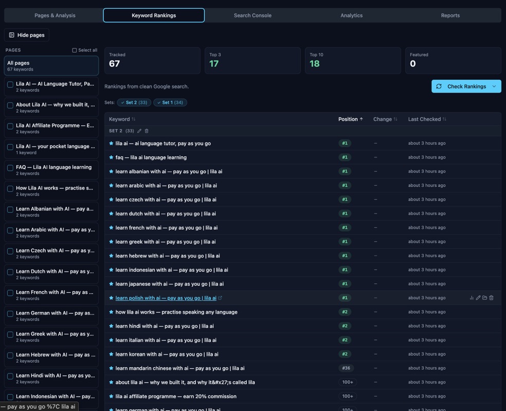 Keyword rankings showing #1 positions