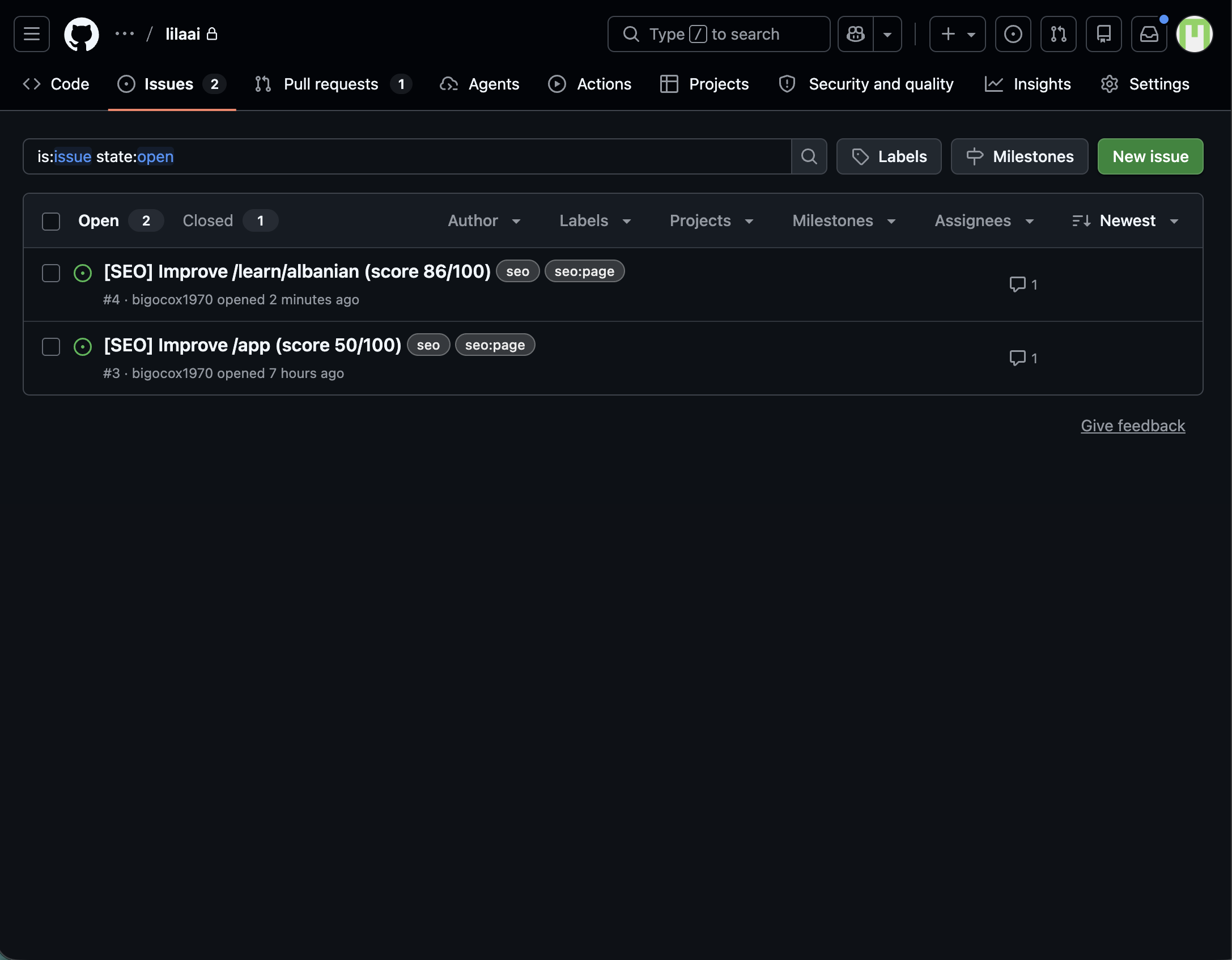 GitHub Issues list showing SEO issues created automatically