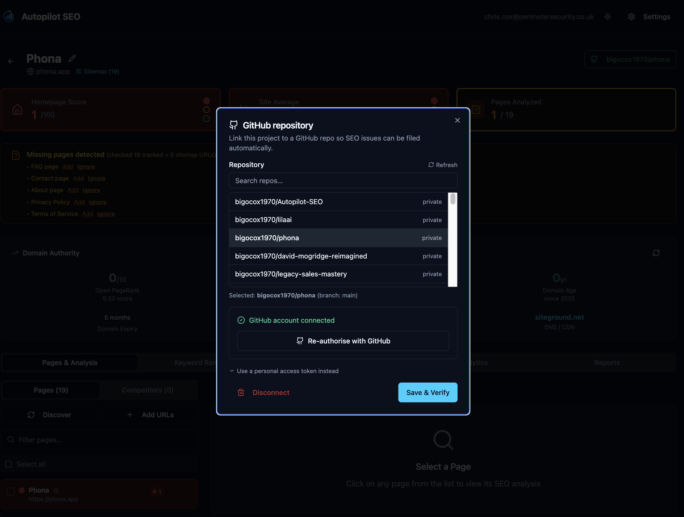GitHub repository dialog linking a repo